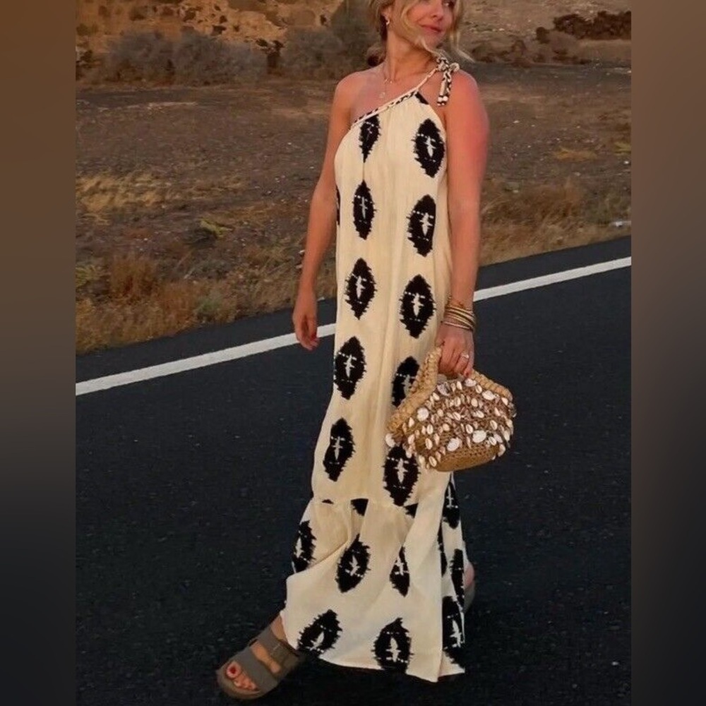 NWT one shoulder loose fitting beautiful ivory and black printed ruffled dress - Picture 2 of 13